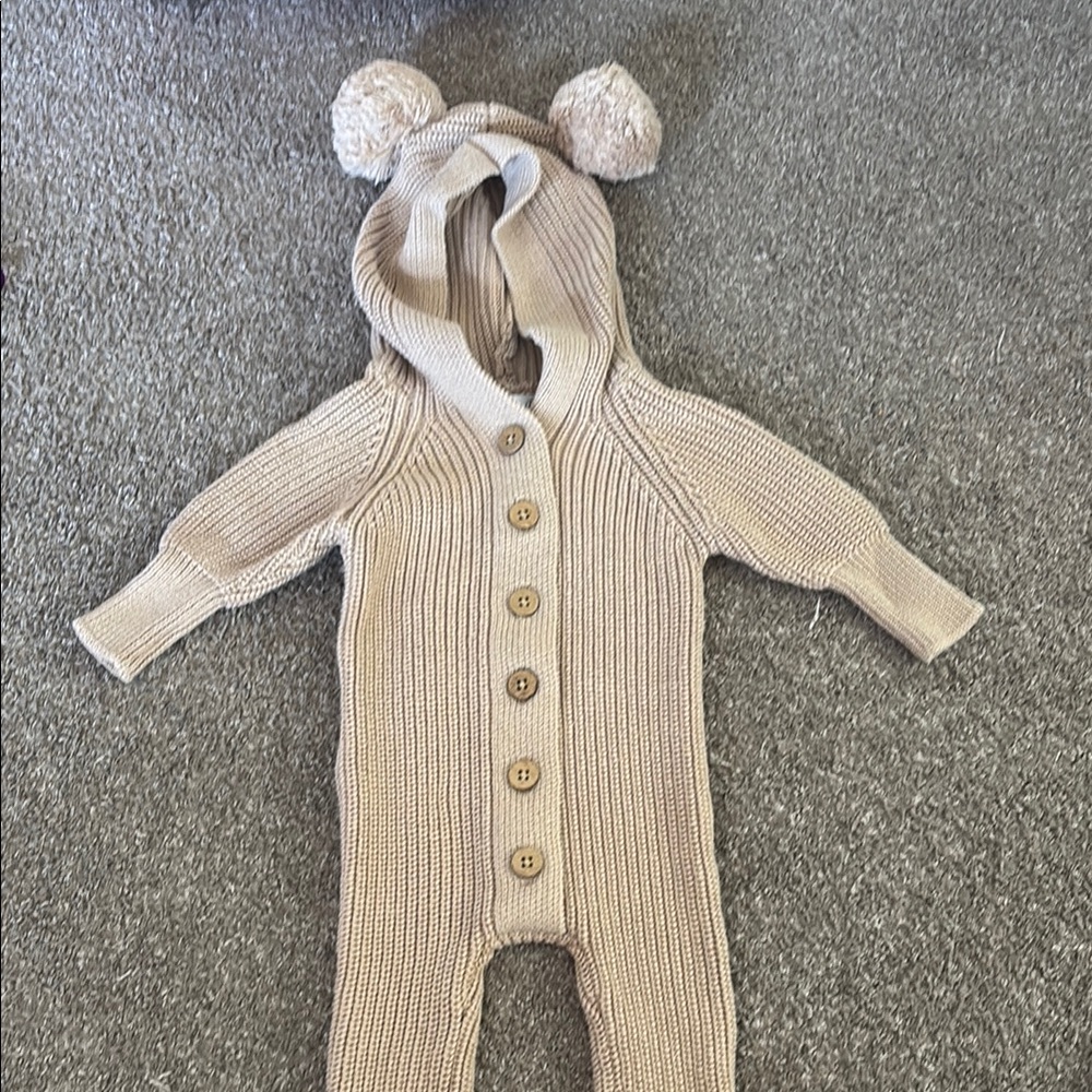 Little B’s Beige Knit Hooded Baby One-Piece with Pom Ears